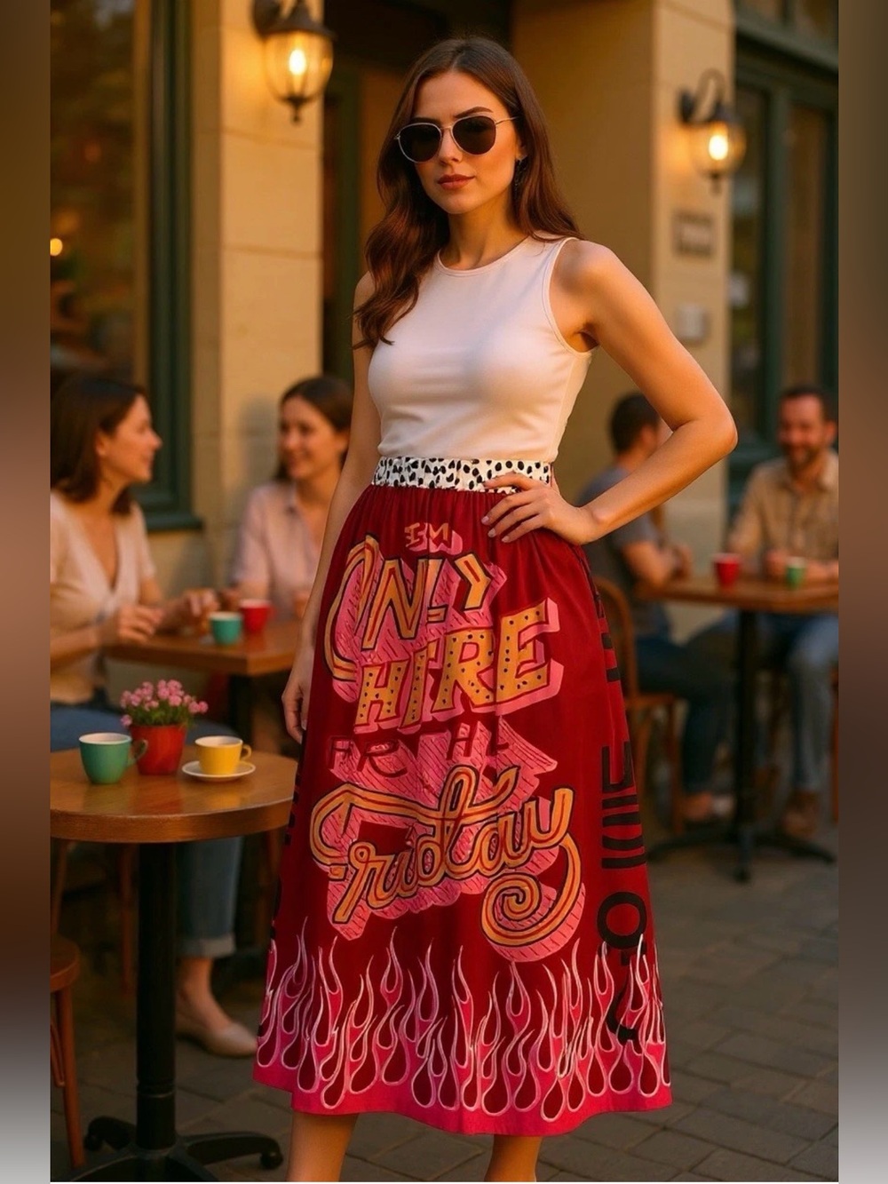 Me369 Hailey Fire printed midi skirt “I’m Only Here For Friday” NWT Sz XS-S